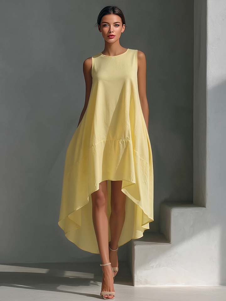 White Linen Sleeveless Midi Dress for Women with Round Neck and Asymmetrical Hem, view 3 - Elena Harper