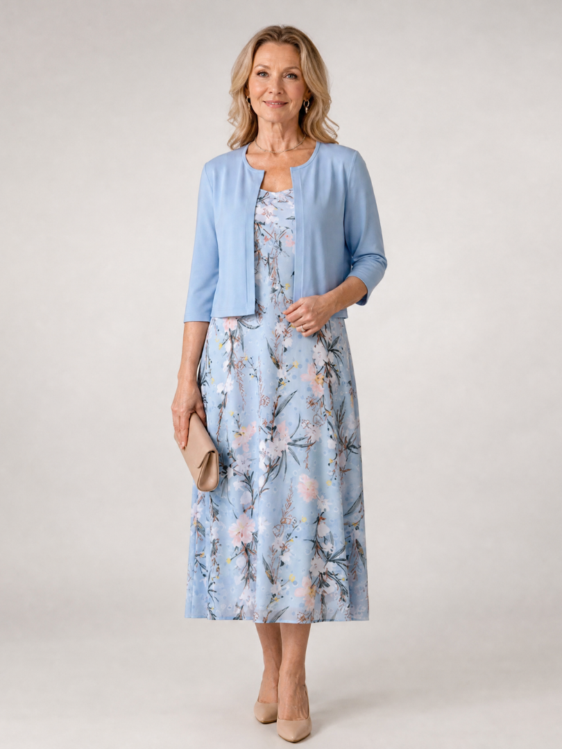 Celeste Floral Print Sleeveless Cropped Jacket Midi Dress - Elena Harper