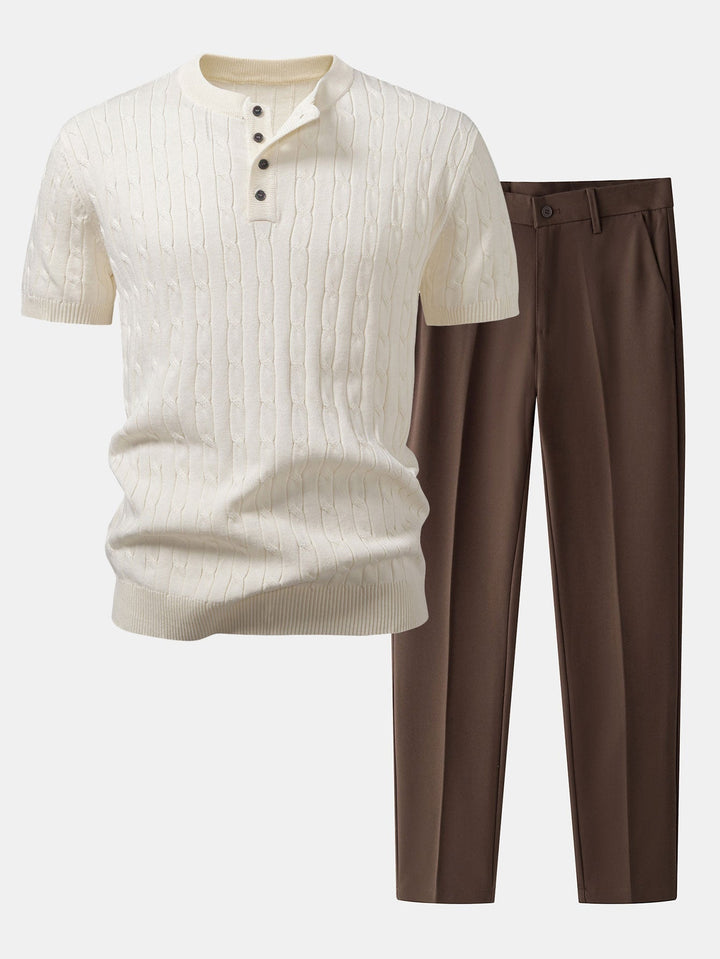Twisted Knit Henley Shirt & Slim Fit Narrow Leg Pants - Elena Harper