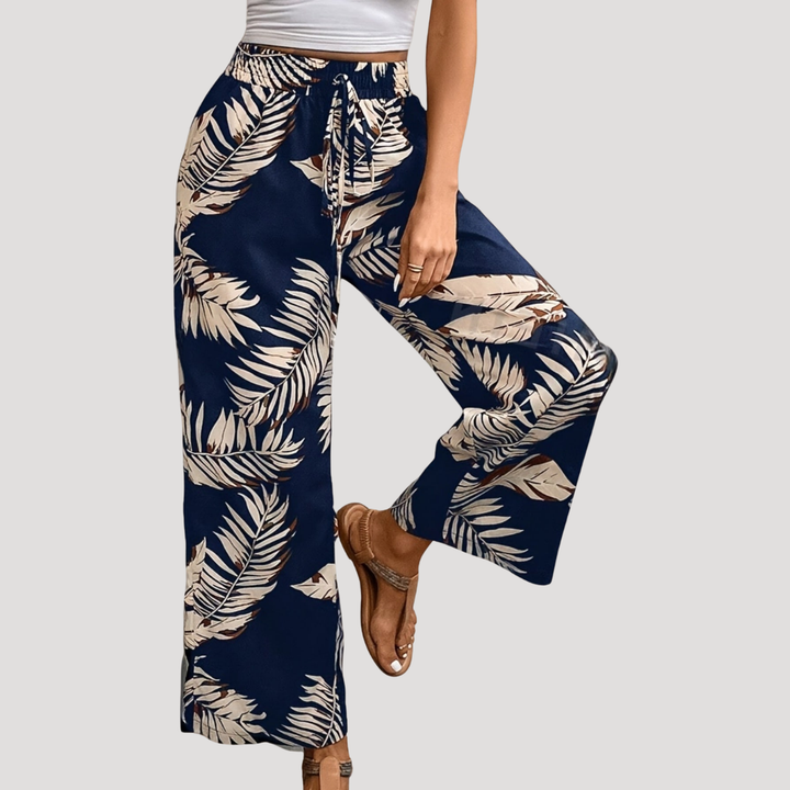 Women's Wide-Leg Tropical Print Pants with Drawstring Waist