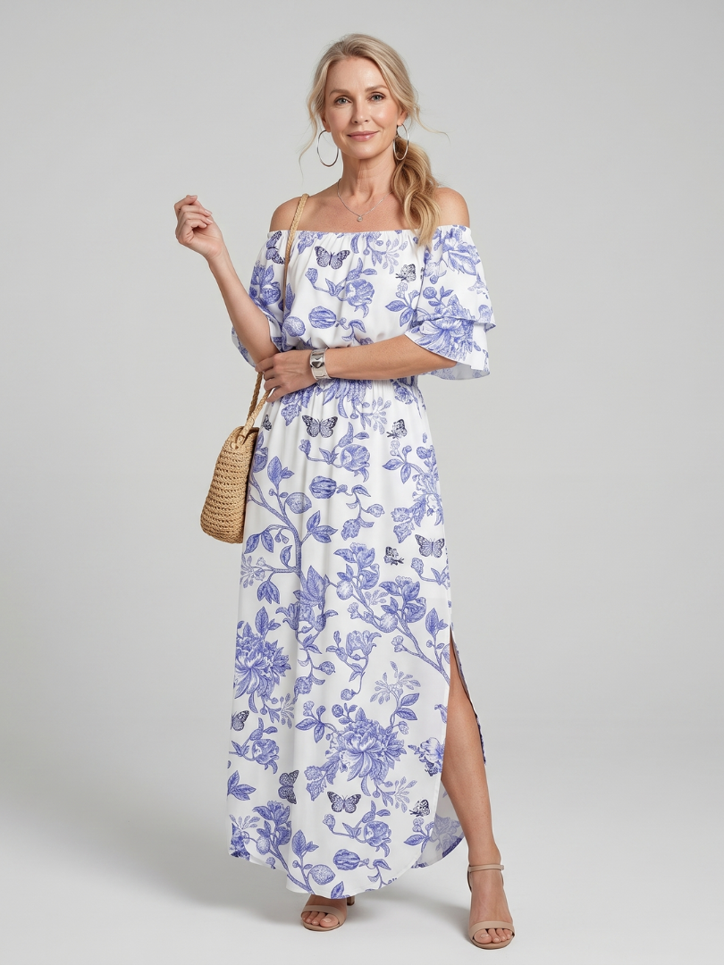 Elowira Off Shoulder Soft Floral Print Midi Dress - Elena Harper