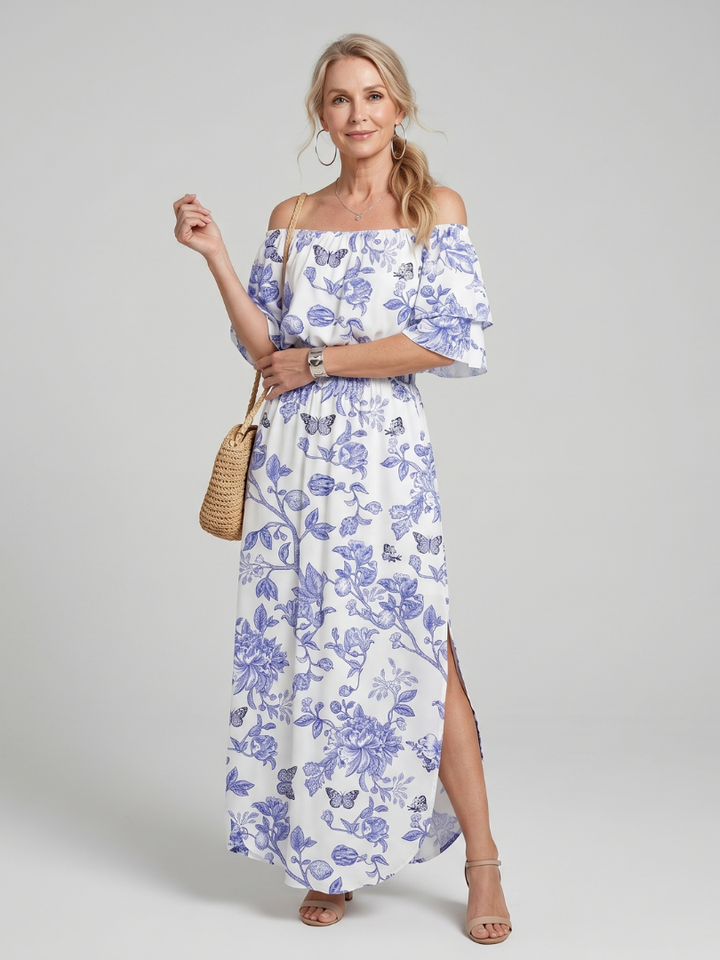 Elowira Off Shoulder Soft Floral Print Midi Dress - Elena Harper