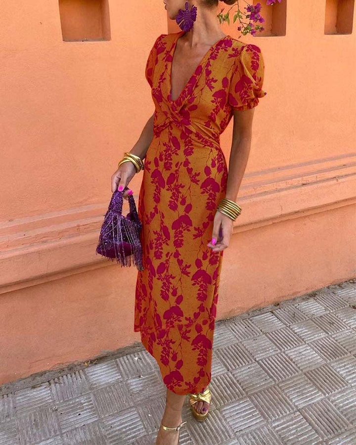Aria Elegant Deep V-neck Dress With Leaf Pattern - Elena Harper