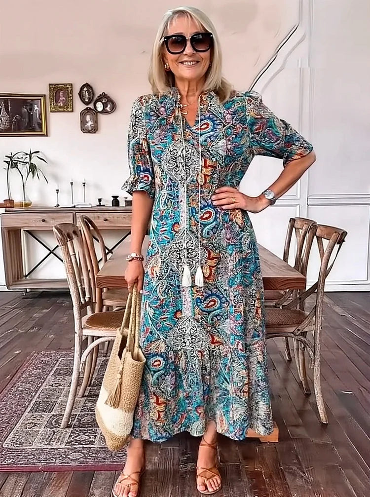 Carolette Boho Drawstring Neck Maxi Dress - Elena Harper
