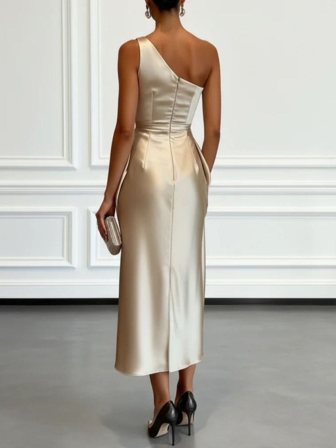 Amelia Champagne Satin One-shoulder Sleeveless Ruffled Midi Dress - Elena Harper