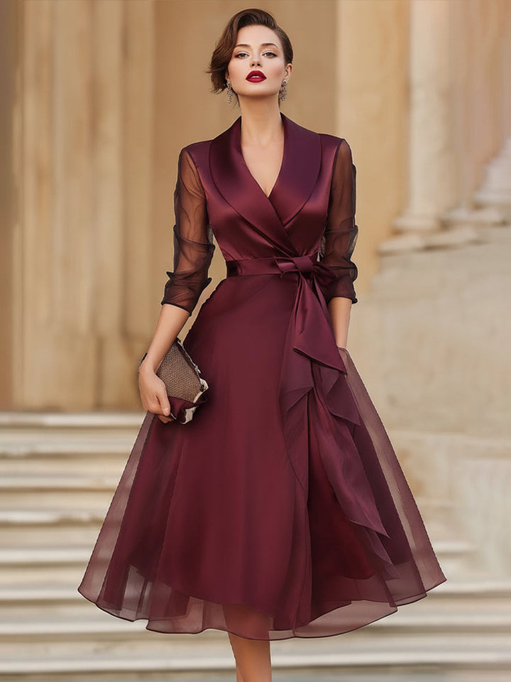 Zaria | Elegant Wrap Midi Dress With Sheer Sleeves