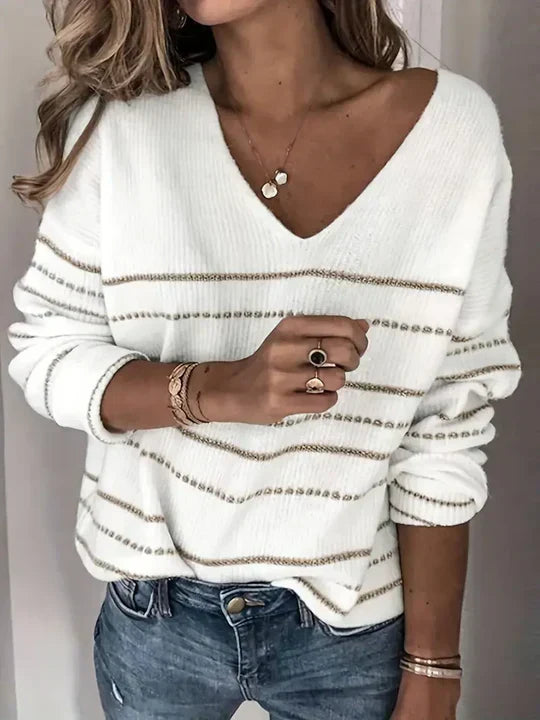 Aira Striped V-Neck Sweater for Elegant Women - Elena Harper