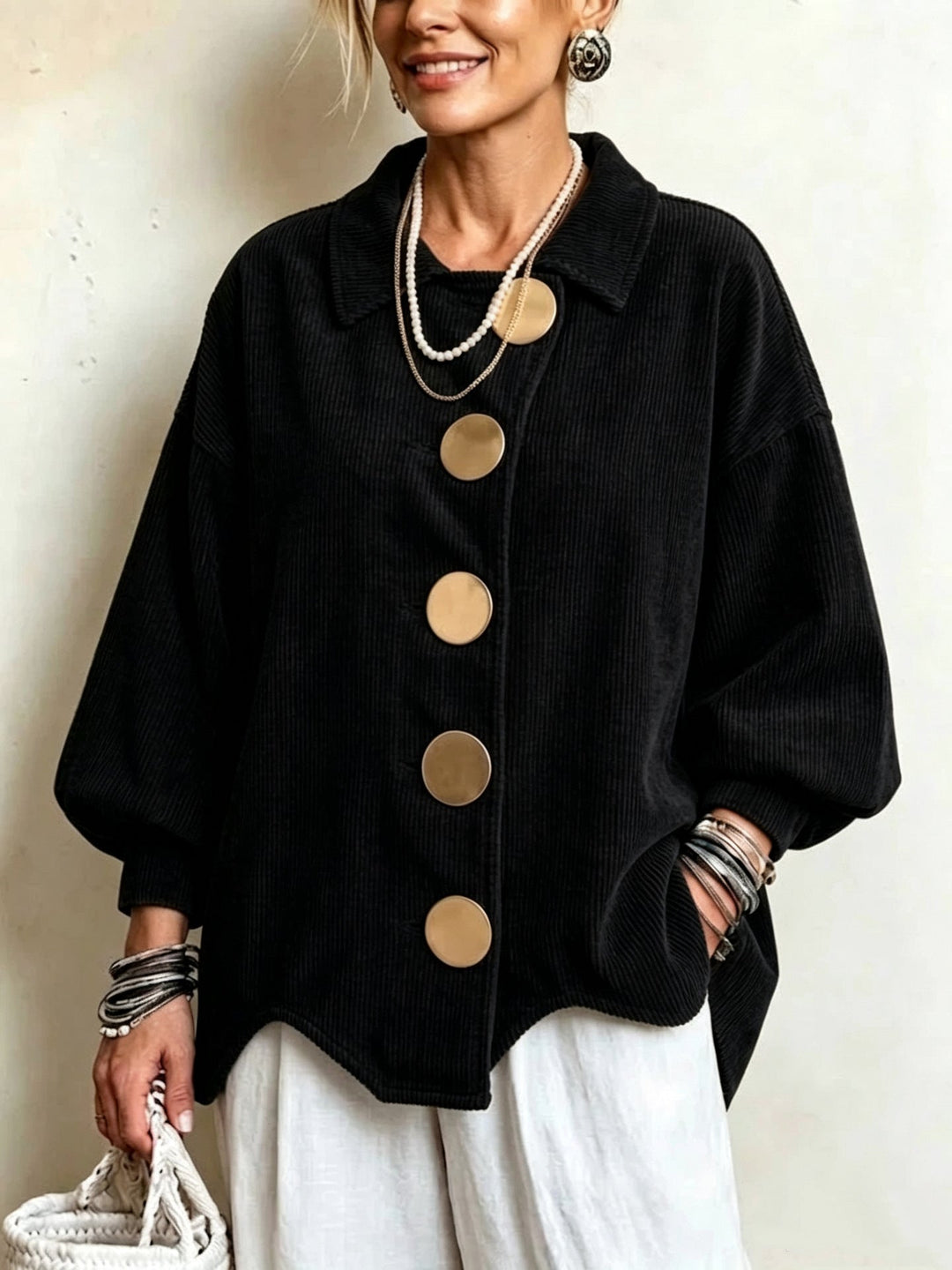 Corduroy Velvet Women's Jacket with Metal Buttons - Retro and Structured