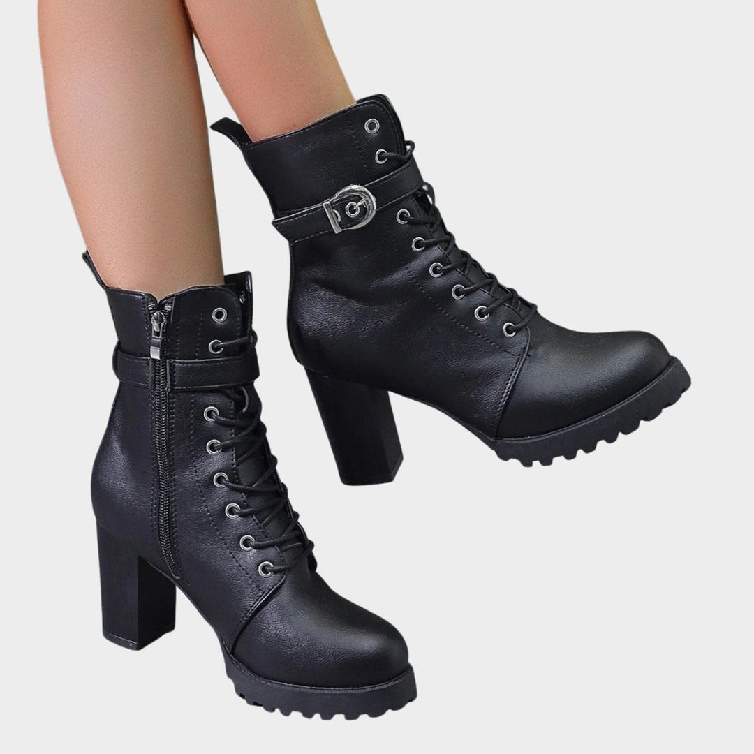 Evelyn | Striking Combat Ankle Boots with Lacing and Block Heel