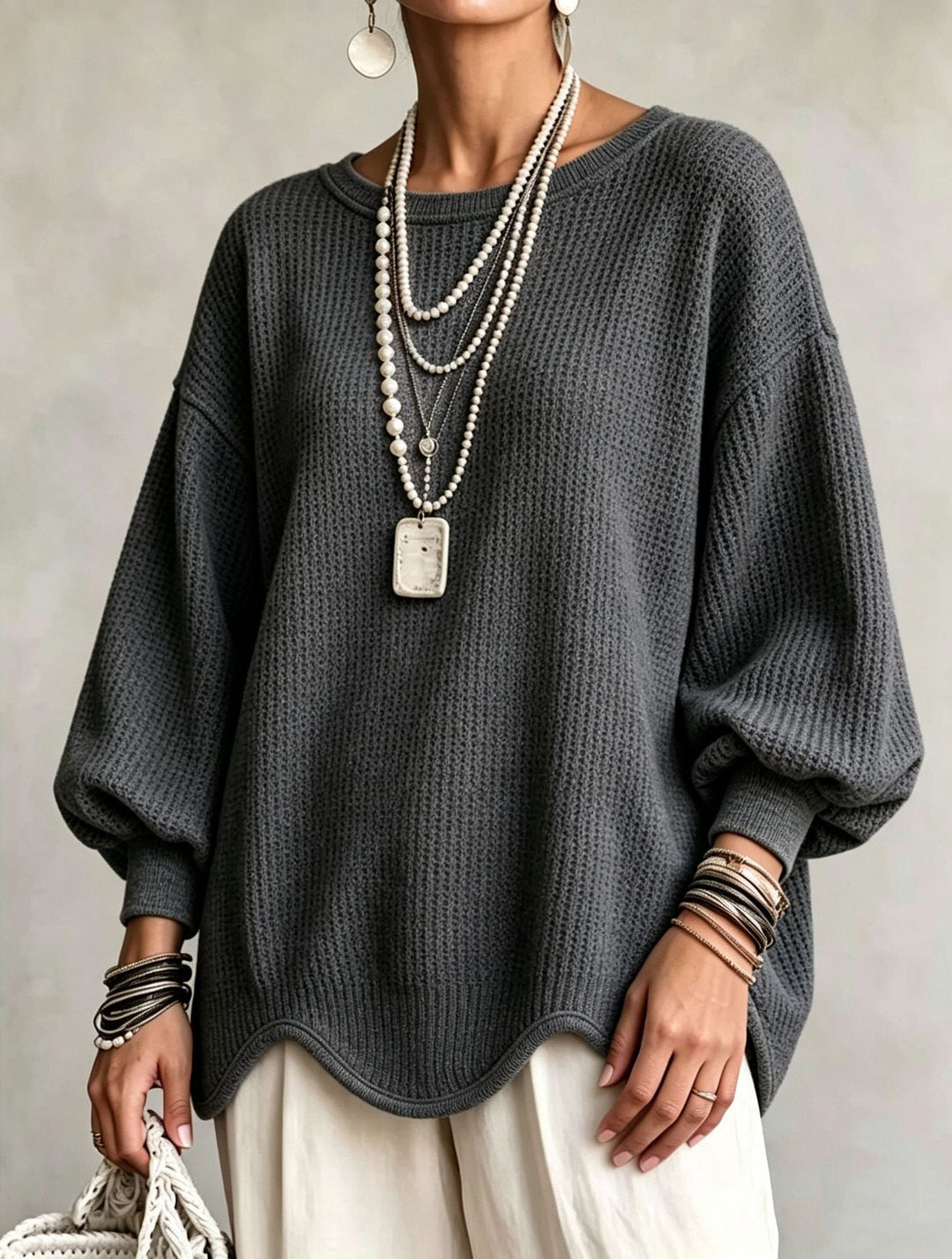 Women’s Top - Round Neck, Puff Sleeves, and Wavy Hem