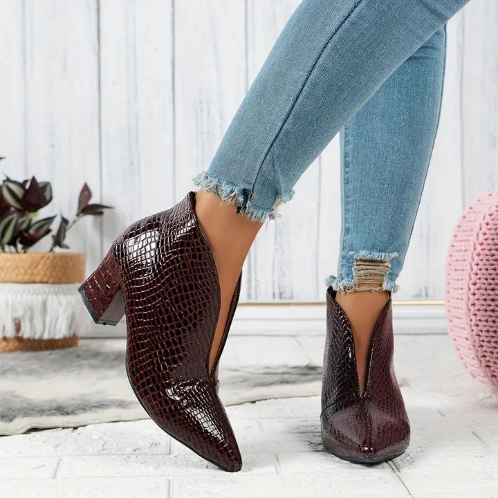 Women's Textured Ankle Boots with Curved Cut and Mid Block Heel, view 5 - Elena Harper