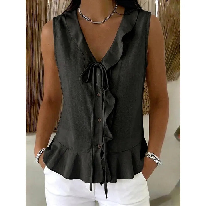 Brigela Airy Cotton Top with Tie and Ruffled Hem, view 4 - Elena Harper