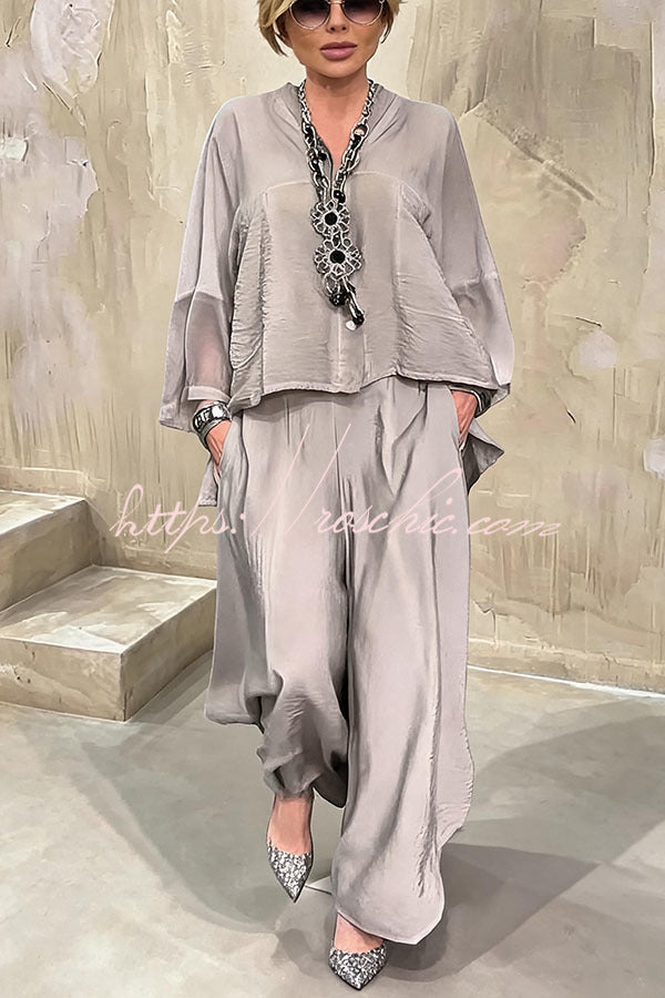 Melissa V-neck Sheer Batwing Sleeve Loose Blouse and Elastic Waist Pocketed Bell Hem Pants Set