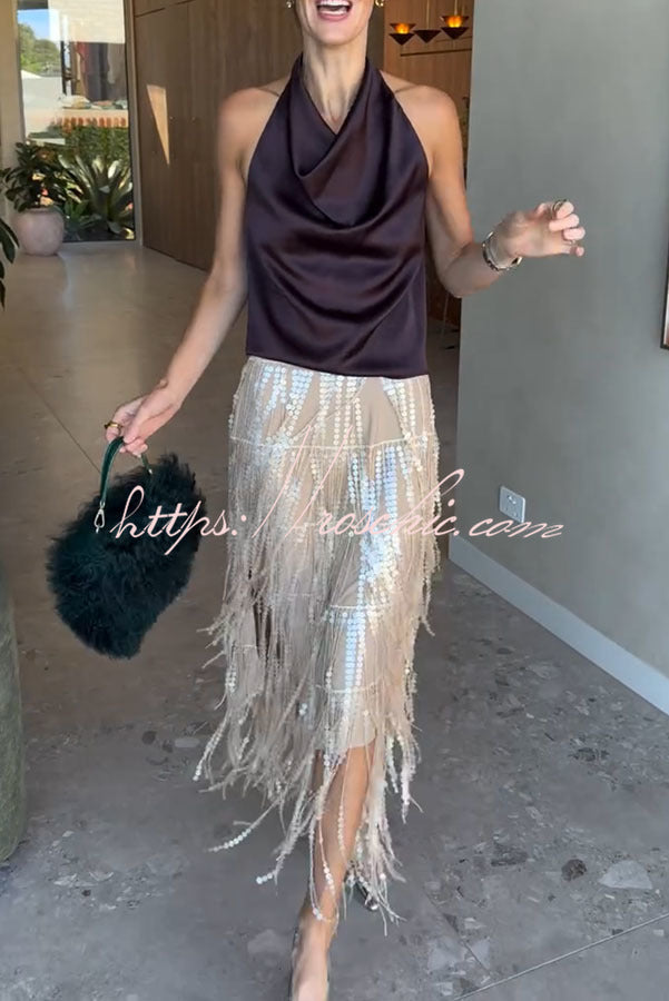 Champagne Party Layered Sequined Tassels Mid Rise Elastic Waist Midi Skirt, view 5 - Elena Harper