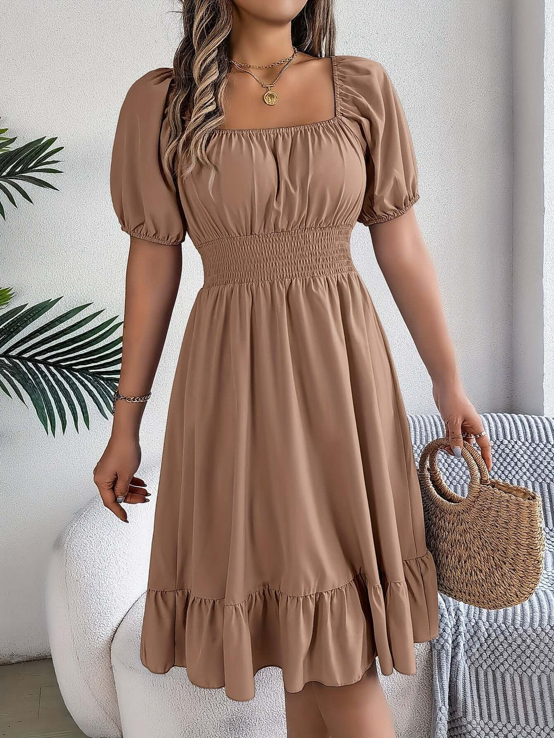 Women's Smocked Puff Sleeve Midi Dress