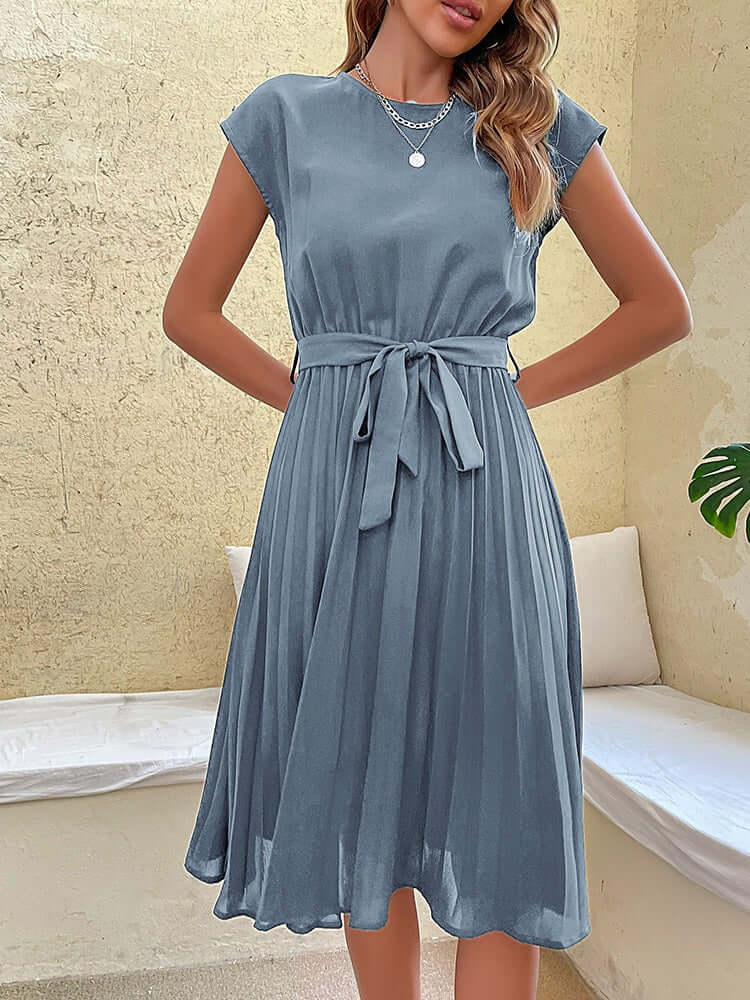 Women's Pleated Midi Dress with Tie Waist, view 4 - Elena Harper