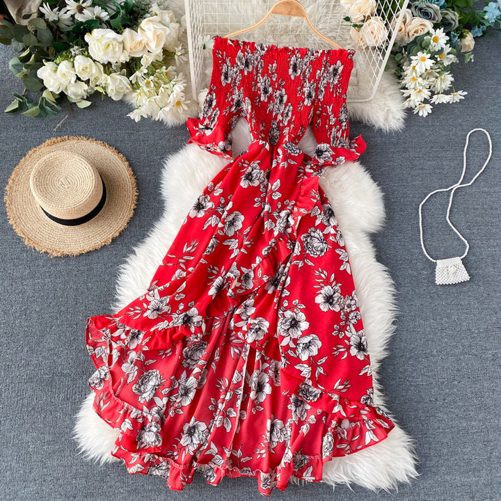 Women’s Midi Dress with Off-Shoulder, Short Sleeves, and Ruffles – Summer Style