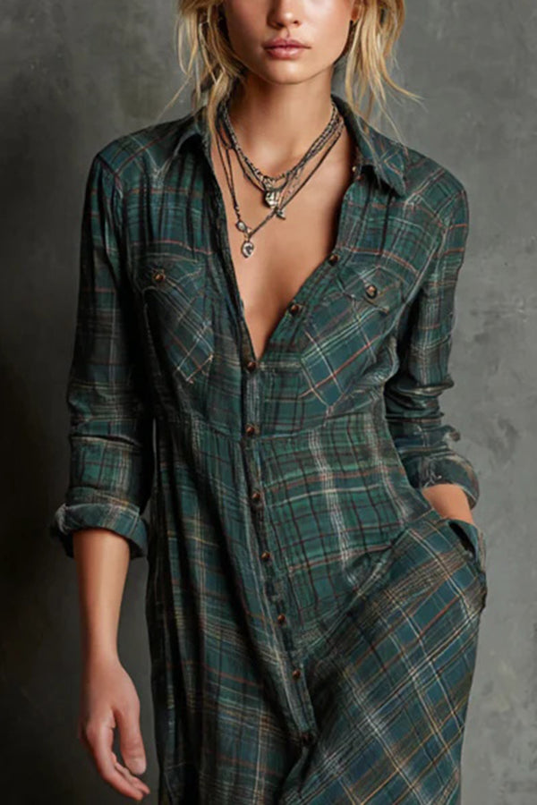 AILENE | CLASSIC GREEN PLAID SHIRT DRESS