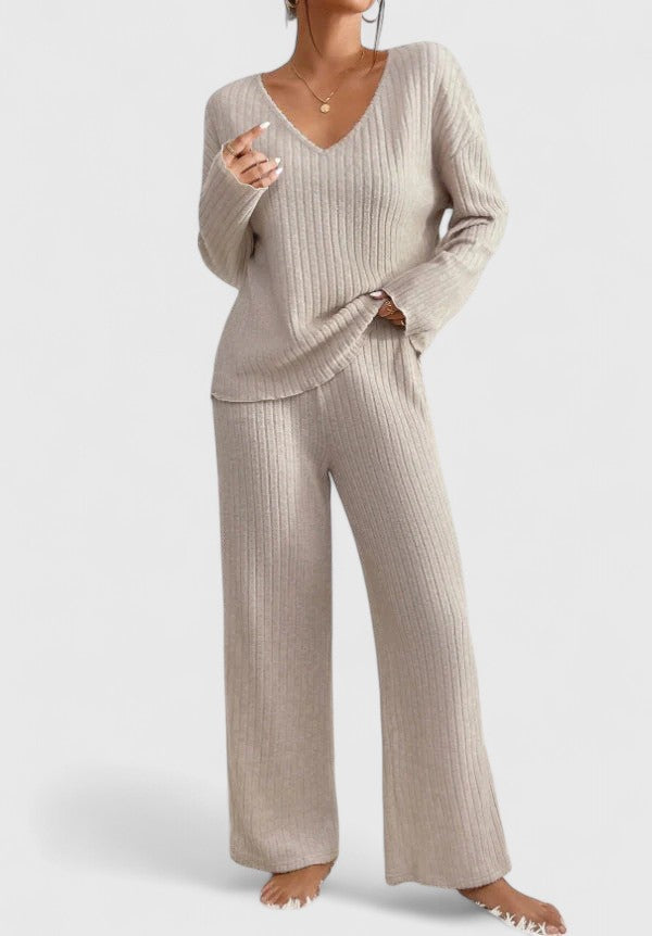 Sabina | Women's Lounge Set with Ribbed Knit and Wide Pants