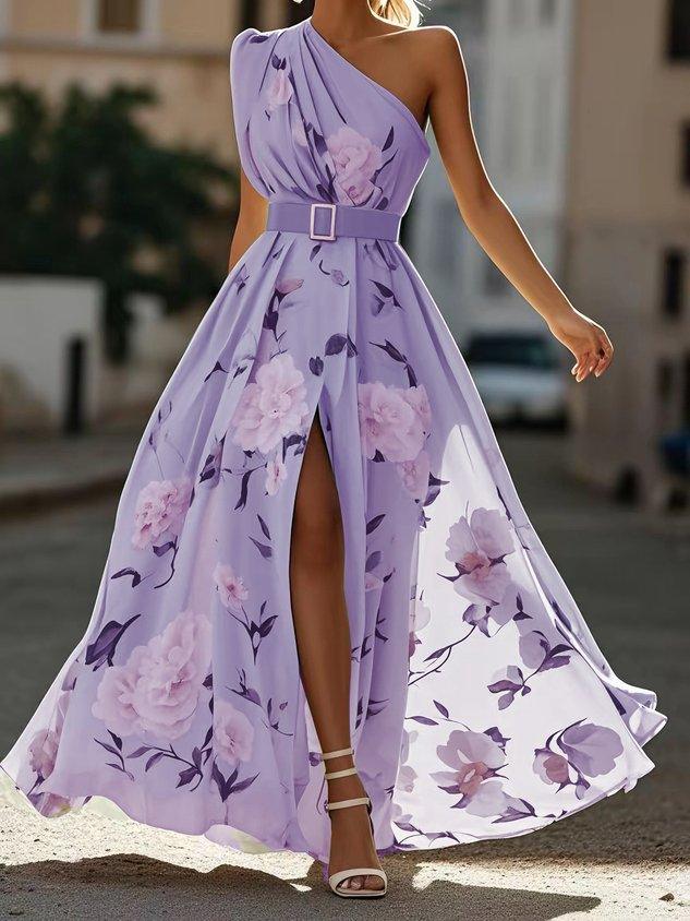 Women's Elegant Ruched One Shoulder A-Line Maxi Dress