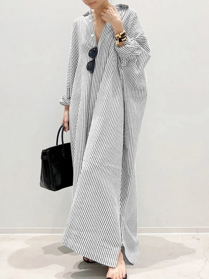 Alyssa Stylish Puff Sleeve Stripe Printed Maxi Dress - Elena Harper