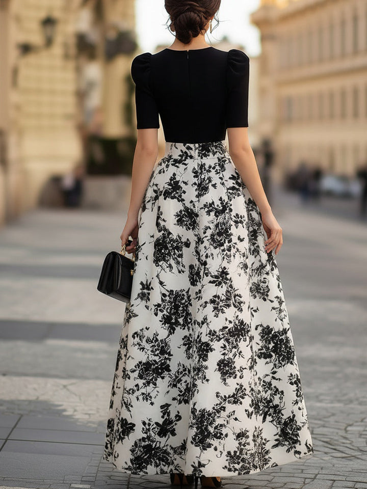 Black Puff Sleeve Bodice & Black Floral Print Maxi Dress - Elena Harper