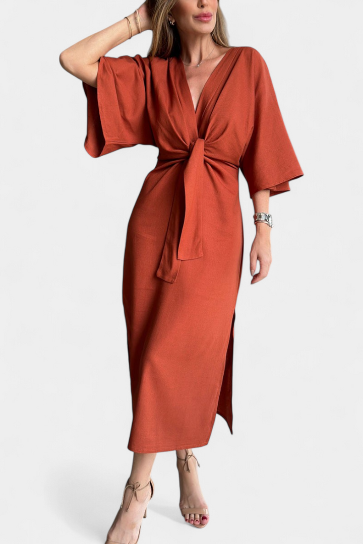 Ayla Casual leisure dress, V-neck and button placket., view 2 - Elena Harper