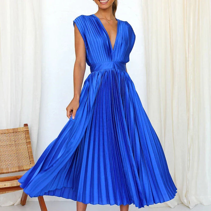 Adele Maxi Dress with V-Neck and Pleats - Elena Harper