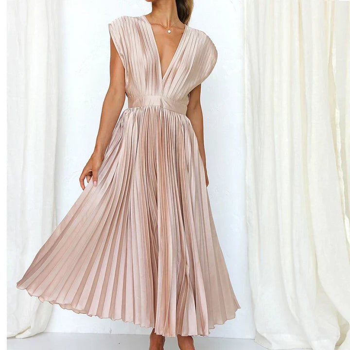 Adele Maxi Dress with V-Neck and Pleats - Elena Harper