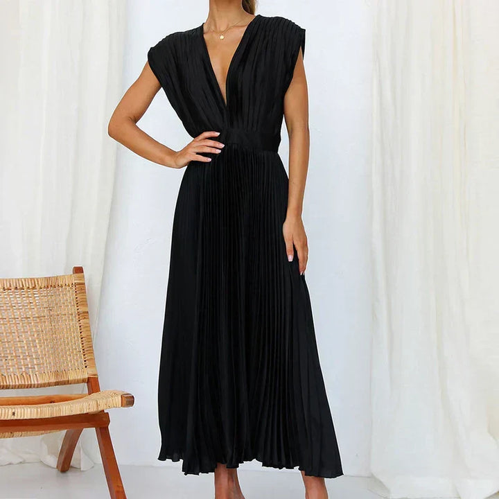 Adele Maxi Dress with V-Neck and Pleats - Elena Harper