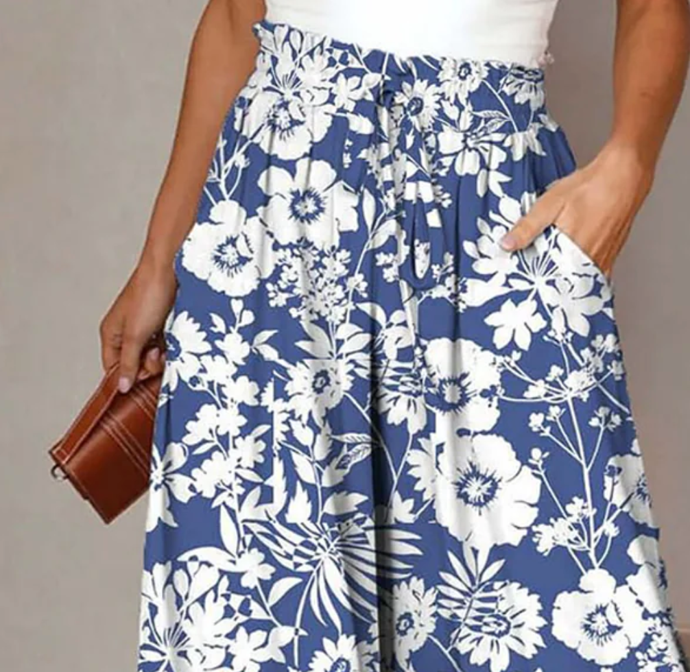 Fresh Blue Floral Print Elastic Waist Pants, view 2 - Elena Harper