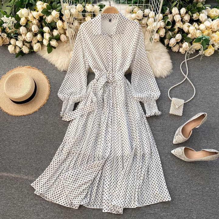 Polka Dot Chiffon Pleated Dress - Elena Harper