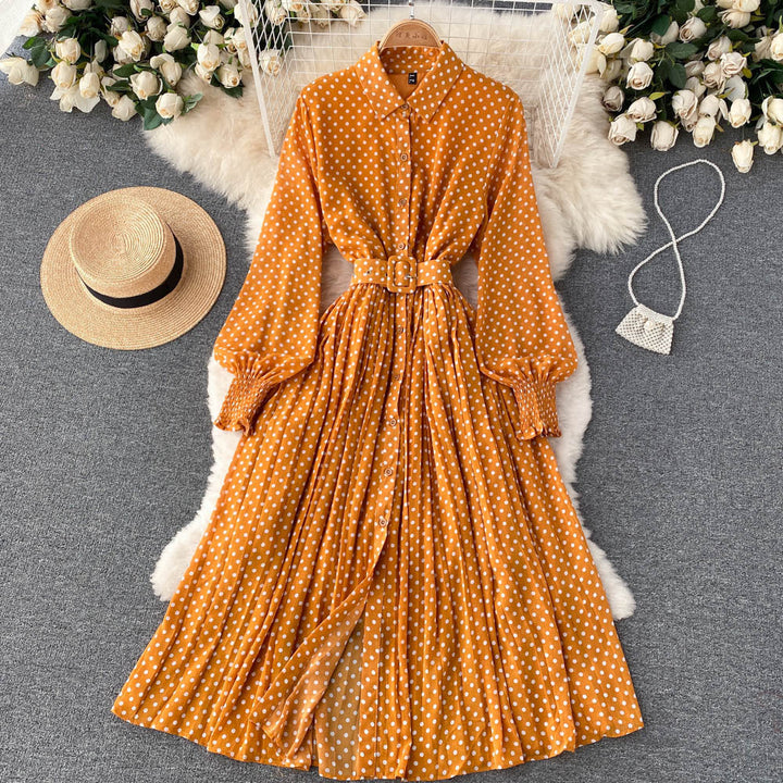 Polka Dot Chiffon Pleated Dress - Elena Harper