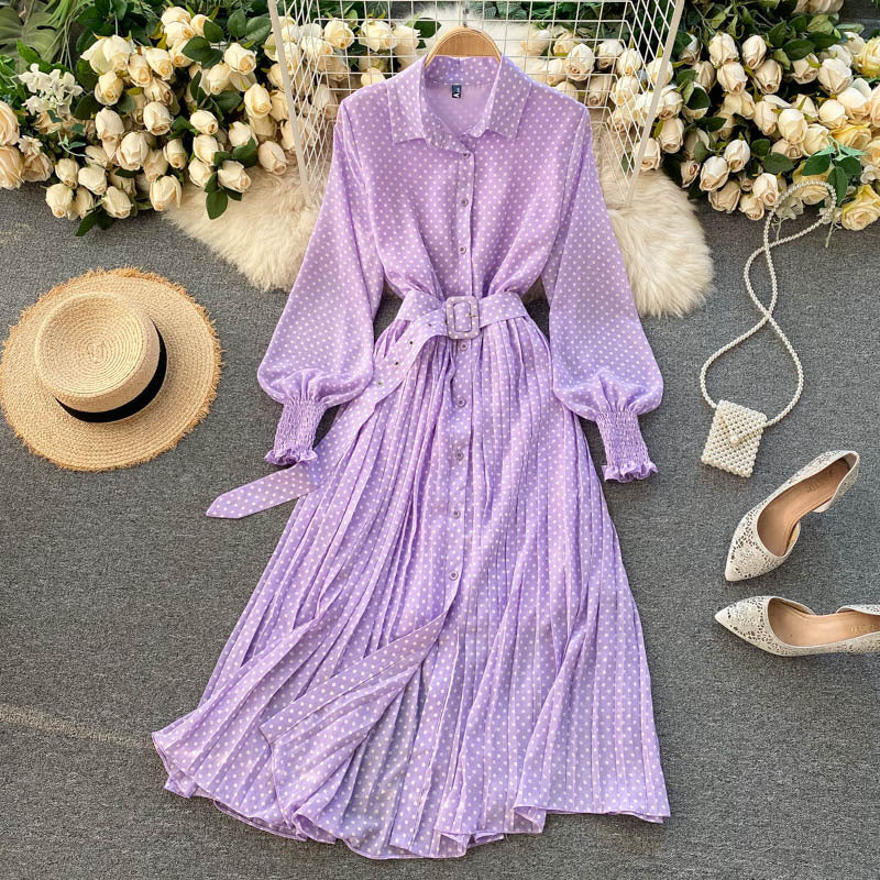 Polka Dot Chiffon Pleated Dress - Elena Harper