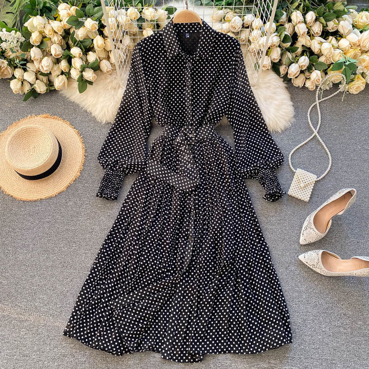 Polka Dot Chiffon Pleated Dress - Elena Harper