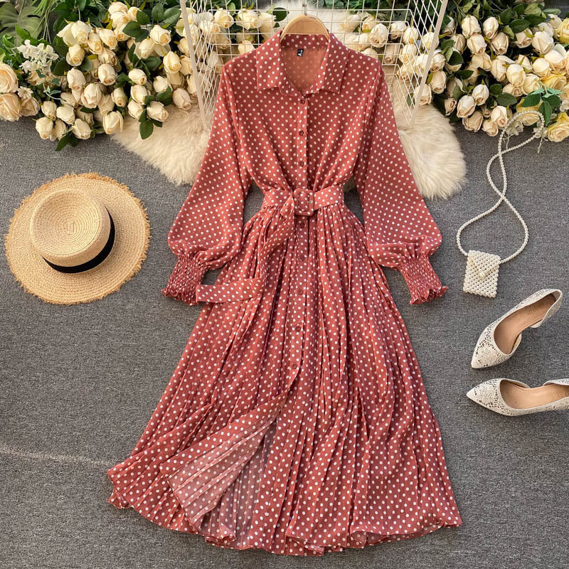 Polka Dot Chiffon Pleated Dress - Elena Harper