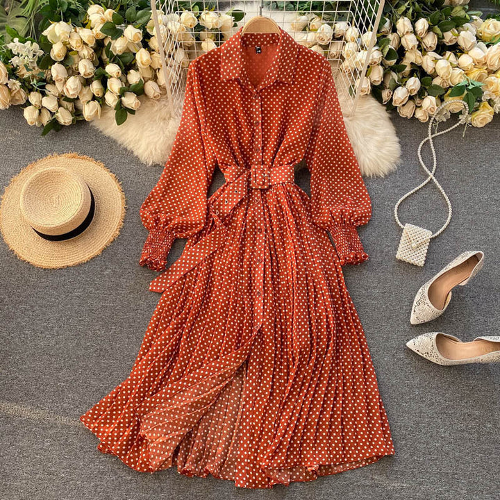 Polka Dot Chiffon Pleated Dress - Elena Harper