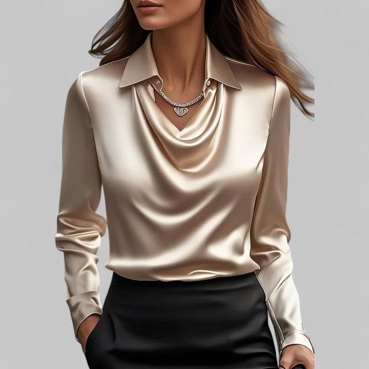 Rose Women’s Draped Neck Long Sleeve Satin Blouses - Elena Harper