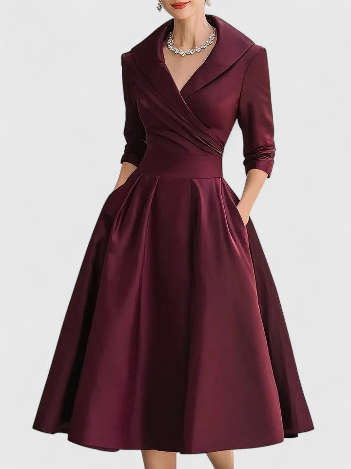 Women's Elegant Pleated Flared Midi Dress with Wrap Bodice