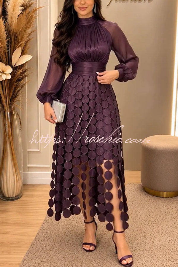 Bella Shiny Sheer Fabric Balloon Sleeve Embroidered Polka Dots Hem Midi Dress, view 3 - Elena Harper