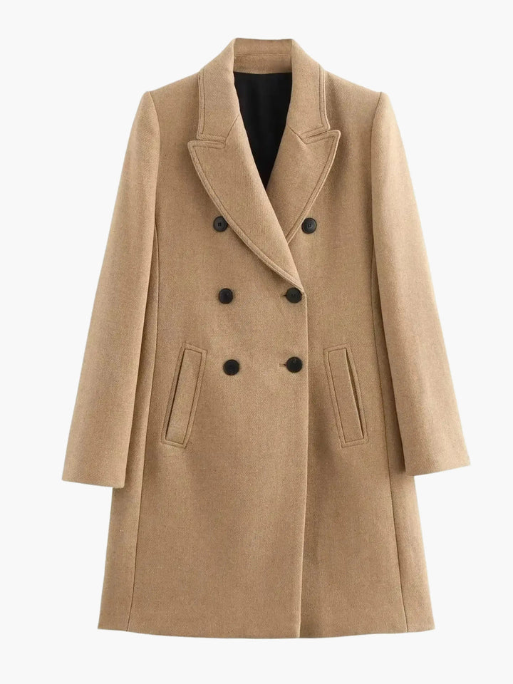 Camel Double-Breasted Wool Coat Timeless Sophistication - Elena Harper