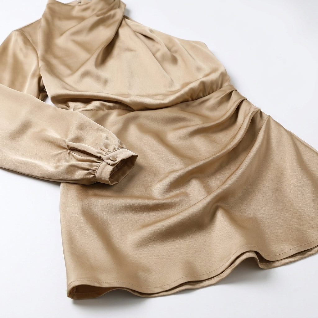 Beige One Shoulder Mini Dress Evening