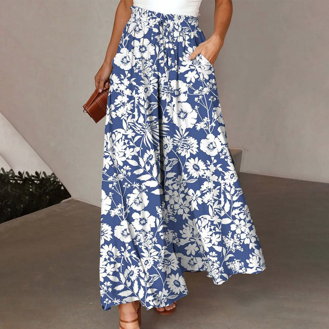 Fresh Blue Floral Print Elastic Waist Pants - Elena Harper