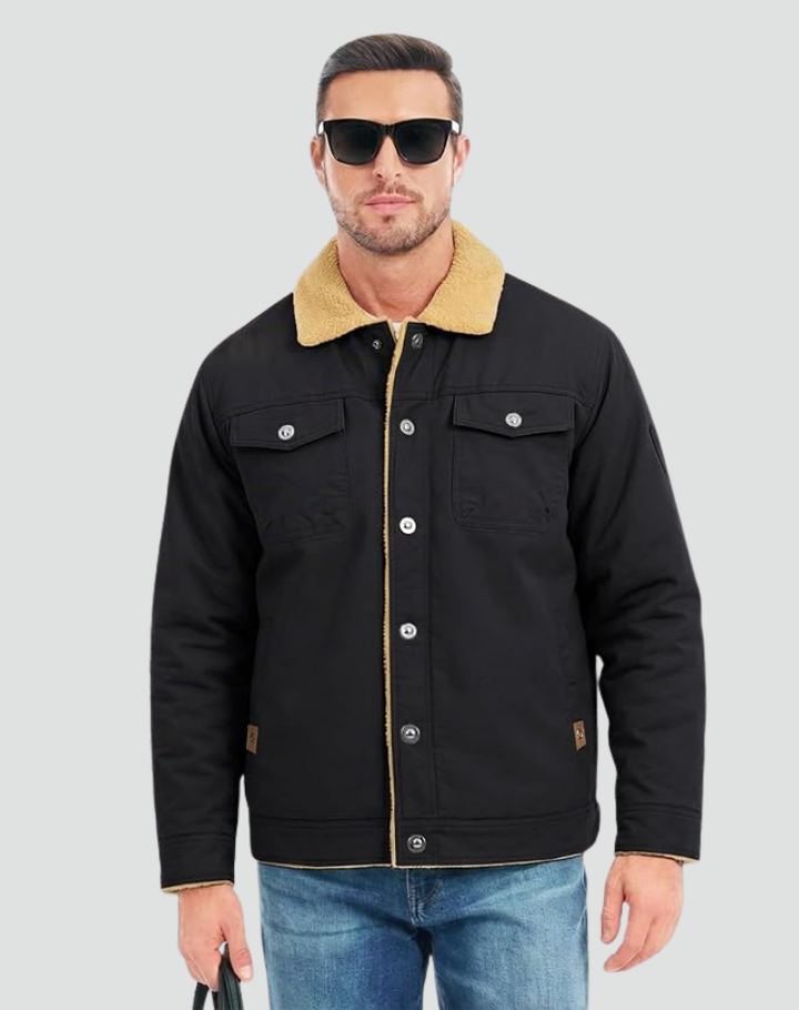 Sherpa Fleece Jacket Men Lined Snap Buttons Chest Pockets