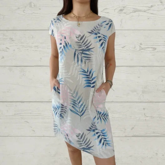 Printed summer dress in cotton and linen for women with pockets - Elena Harper