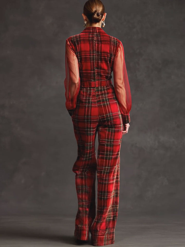 Retro Long-sleeved Mesh Red And Green Plaid Velvet Wide-leg Jumpsuit, view 5 - Elena Harper