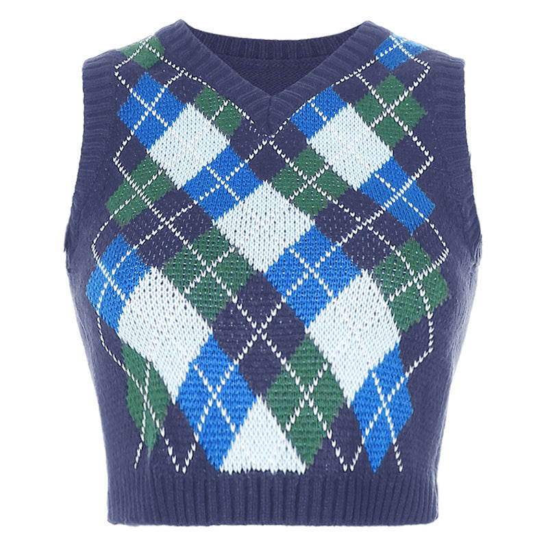 Women's Sleeveless Knit Top in Fashionable Argyle Pattern EB, view 6 - Elena Harper