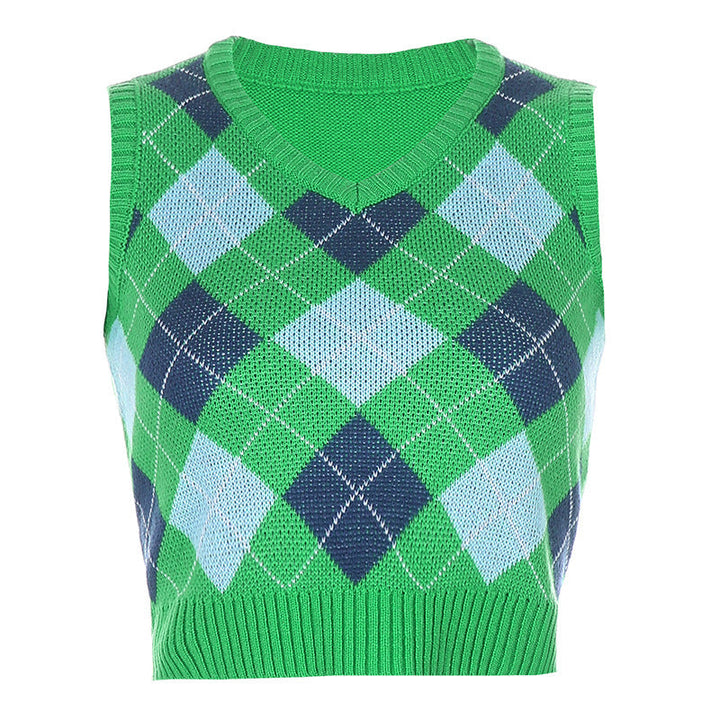 Women's Sleeveless Knit Top in Fashionable Argyle Pattern EB, view 10 - Elena Harper
