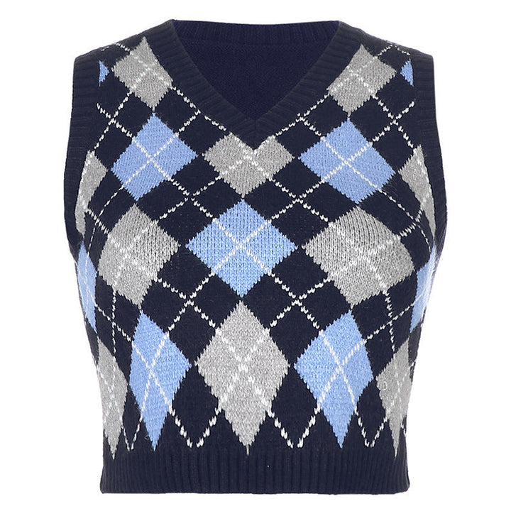 Women's Sleeveless Knit Top in Fashionable Argyle Pattern EB, view 5 - Elena Harper