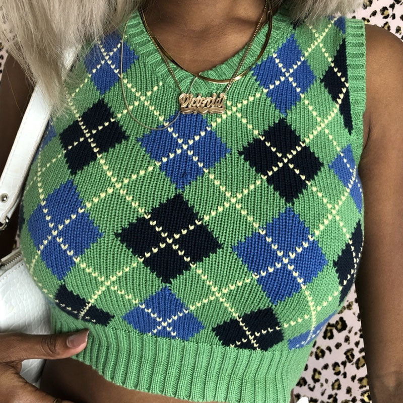 Women's Sleeveless Knit Top in Fashionable Argyle Pattern EB, view 3 - Elena Harper